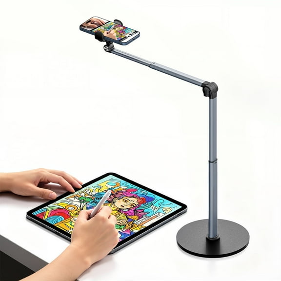 MoKo Overhead Phone Mount, 13.7 in Desk Cell Phone Tripods, Angle & Height Adjustable, Telescopic Arm for Live Streaming, Meeting, Cooking, Nail Video Recording
