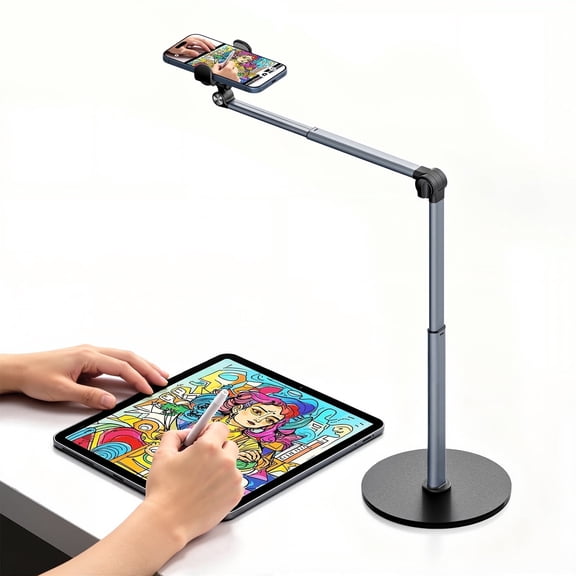 MoKo Overhead Phone Mount, 11.8 in Desk Cell Phone Tripods Stands, Angle & Height Adjustable, Telescopic Arm for Live Streaming, Meeting, Cooking, Nail Video Recording