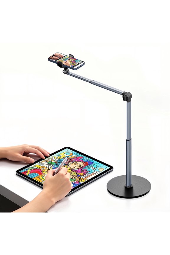 Overhead Phone Mount, 11.8 in Desk Cell Phone Tripods Stands, Angle & Height Adjustable, Telescopic Arm for Live Streaming, Meeting, Cooking, Nail Video Recording