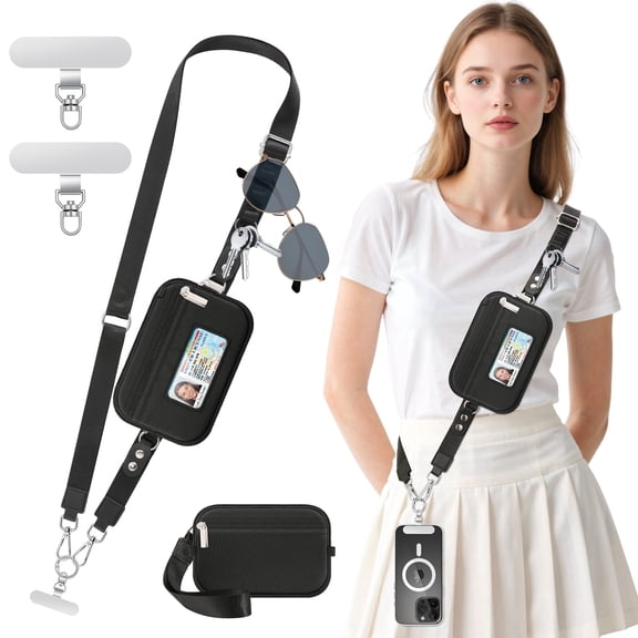 MoKo Adjustable Phone Lanyard with RFID Wallet, Clip and Go Strap Crossbody Lanyard & Detachable Wallet, Phone Strap with 360° Rotatable Phone Tabs, Black