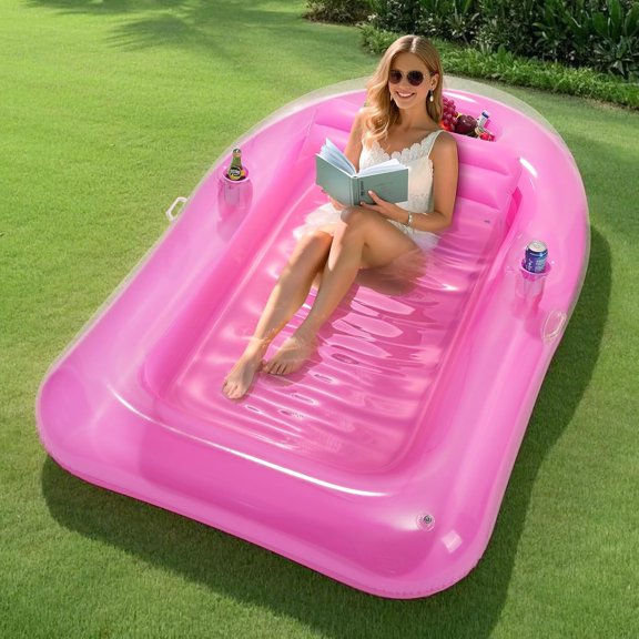 Pool Floats Adult, Large Floating Bed with Ice Bar, Tanning Bed Pool Raft Inflatable Lounger with Drink Holder Tanning Chair Inflatable Pool Toys for Party Beach Backyard