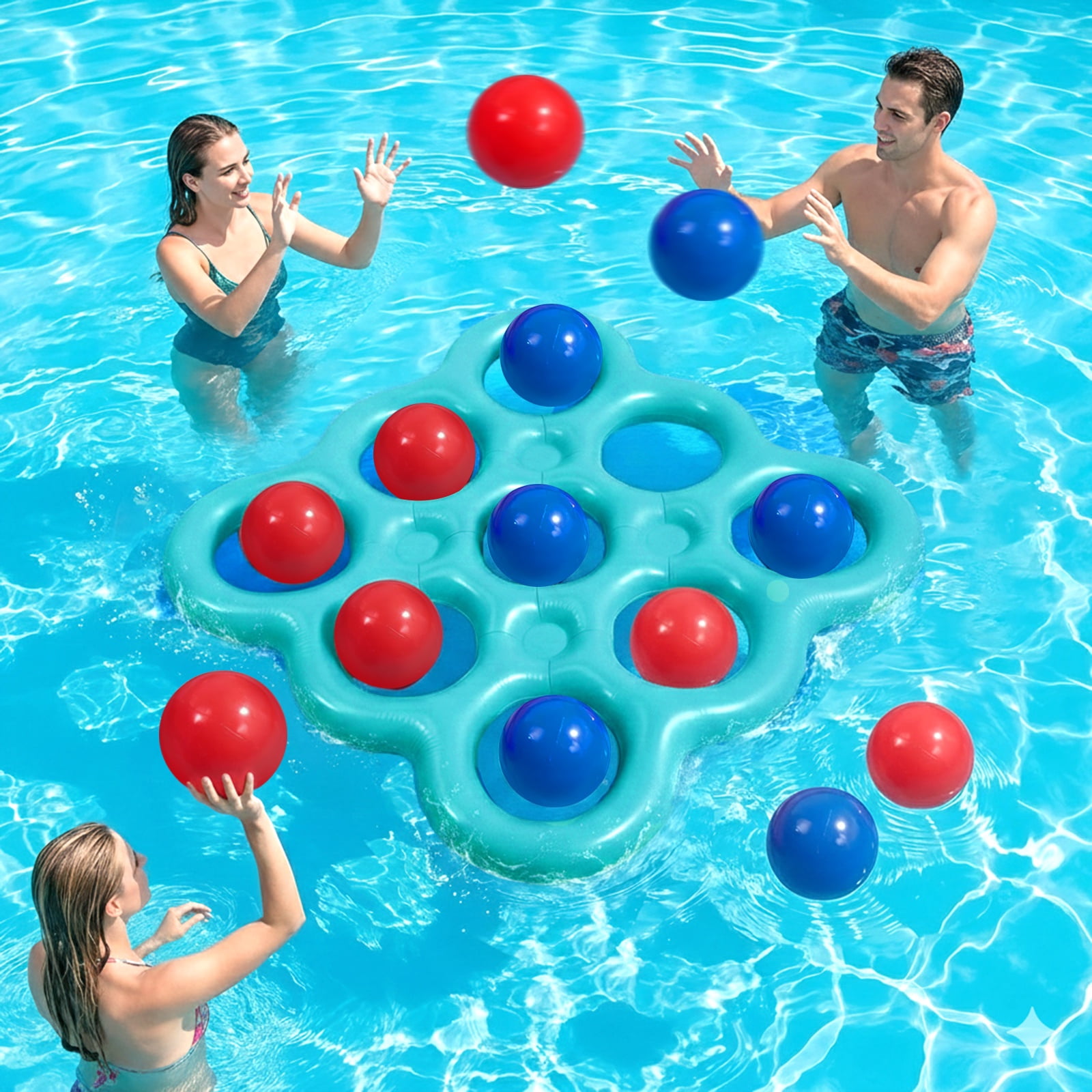 MoKo Pool Toys Games Set Tic-Tac-Toe Inflatable Pool Toy with 10 Balls - for Adults Teens Kids 2-10 Players, Lake Blue