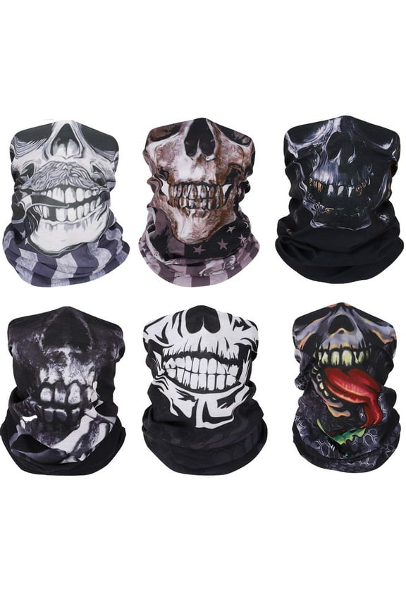 Skull Face Mask, 6 Pack Neck Gaiter Shield Scarf Elastic Balaclava Headbands, Unisex Windproof Skull Bandana for Motorcycle Cycling Riding Skiing