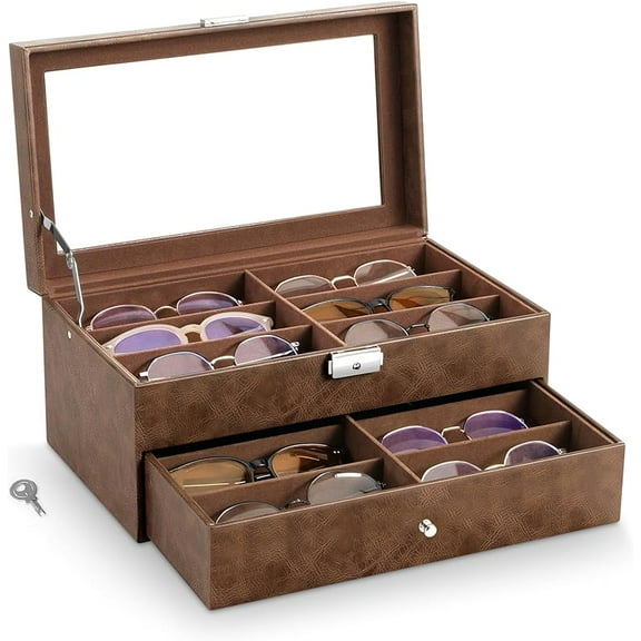 MoKo Sunglasses Organizer, Leather Sunglass Display Collection Holder Case with Drawer Clear Glass Lid