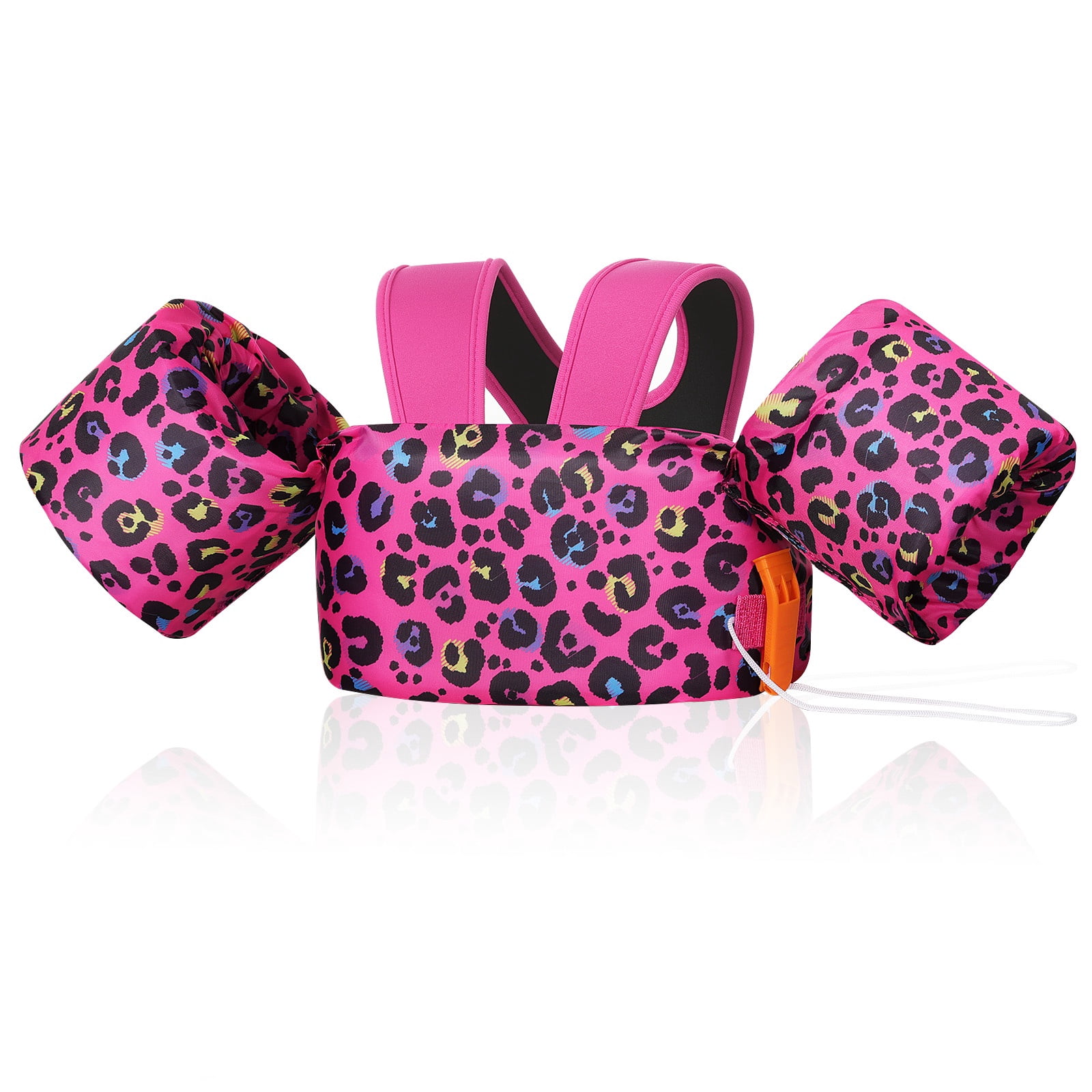 MoKo Kids Swim Vest with Armbands, Toddler Floaties for 20-50 lbs, 2-7 Years Girls Boy, Rose Red Leopard