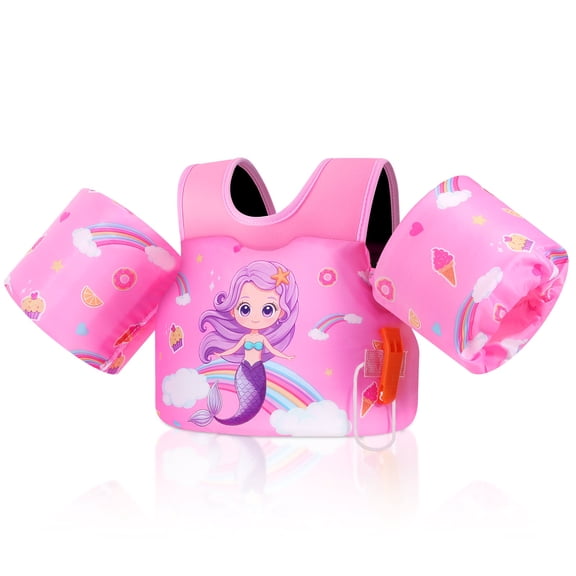 MoKo Toddler Swim Vest with Whistle for 20-50lbs, Arm Floaties Water Wings for Kid 2-8 years old, Purple Mermaid