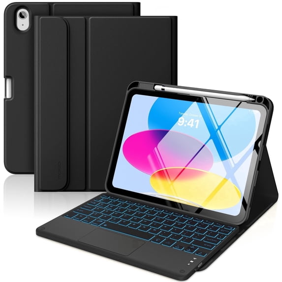 MoKo Keyboard Case for iPad A16 11th/10th Generation Case (2025/2022) with Pencil Holder,7 Colors Backlight Detachable Bluetooth Keyboard Case Cover,Black