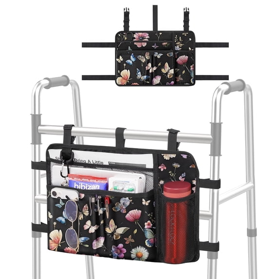 MoKo Walker Bag, Walker Basket Organizers for Rolling Folding Walker Accessories, Black & Butterfly