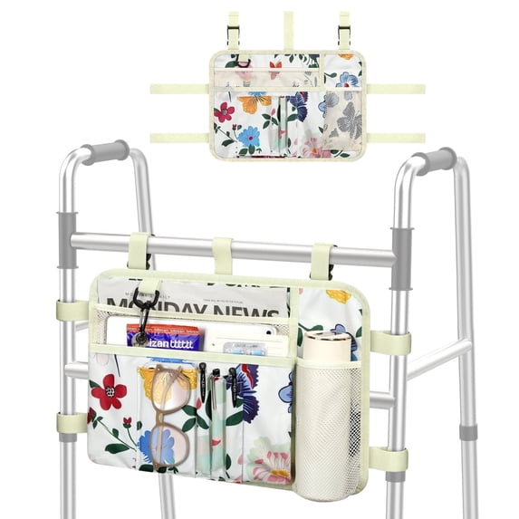 MoKo Walker Bag with Cup Holder, Walker Basket Organizers for Rolling Folding Walker Accessories, Beige & Butterfly
