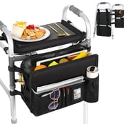 MoKo Walker Basket Bag with Tray, Upgraded Detachable Walker Tray for Folding Walkers with Non-Slip Mat, Large Storage Bag with Multi-Pockets and Cup Holder, Walkers Accessories for Senior, Black