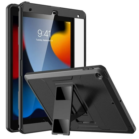 MoKo for iPad 10.2 Inch Case iPad 9th Generation 2021/ iPad 8th Generation 2020/ iPad 7th Generation 2019,Shockproof Full Body Protective Cover with Built-in Screen Protector, Black