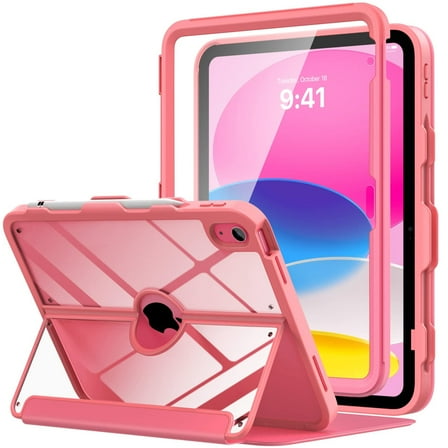 MoKo Case for iPad 11-inch (A16) 11th Generation Case 2025/ iPad 10th Generation Case with Pencil Holder 2022 10.9", Built-in Screen Protector Clear Back, Multi Angle Viewing Stand, Watermelon Red