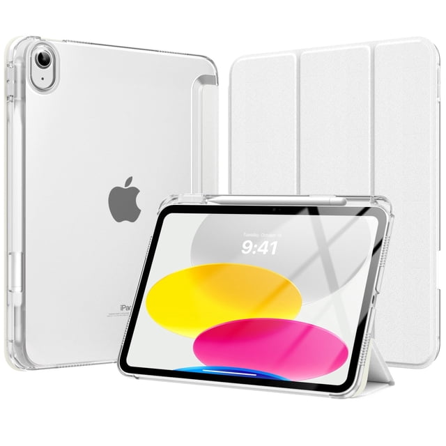 MoKo for iPad 11-inch (A16) 11th Generation Case 2025, iPad 10th Generation Case 2022 with Pencil Holder, Slim Lightweight iPad Cover with Rugged PC Translucent Back Shell, White