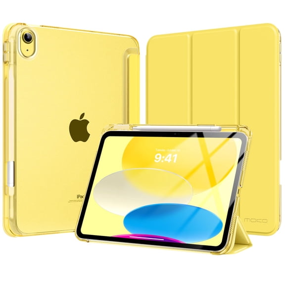 MoKo for iPad 11-inch (A16) 11th Generation Case 2025, iPad 10th Generation Case 2022 with Pencil Holder, Slim Lightweight iPad Cover with Rugged PC Translucent Back Shell, Yellow
