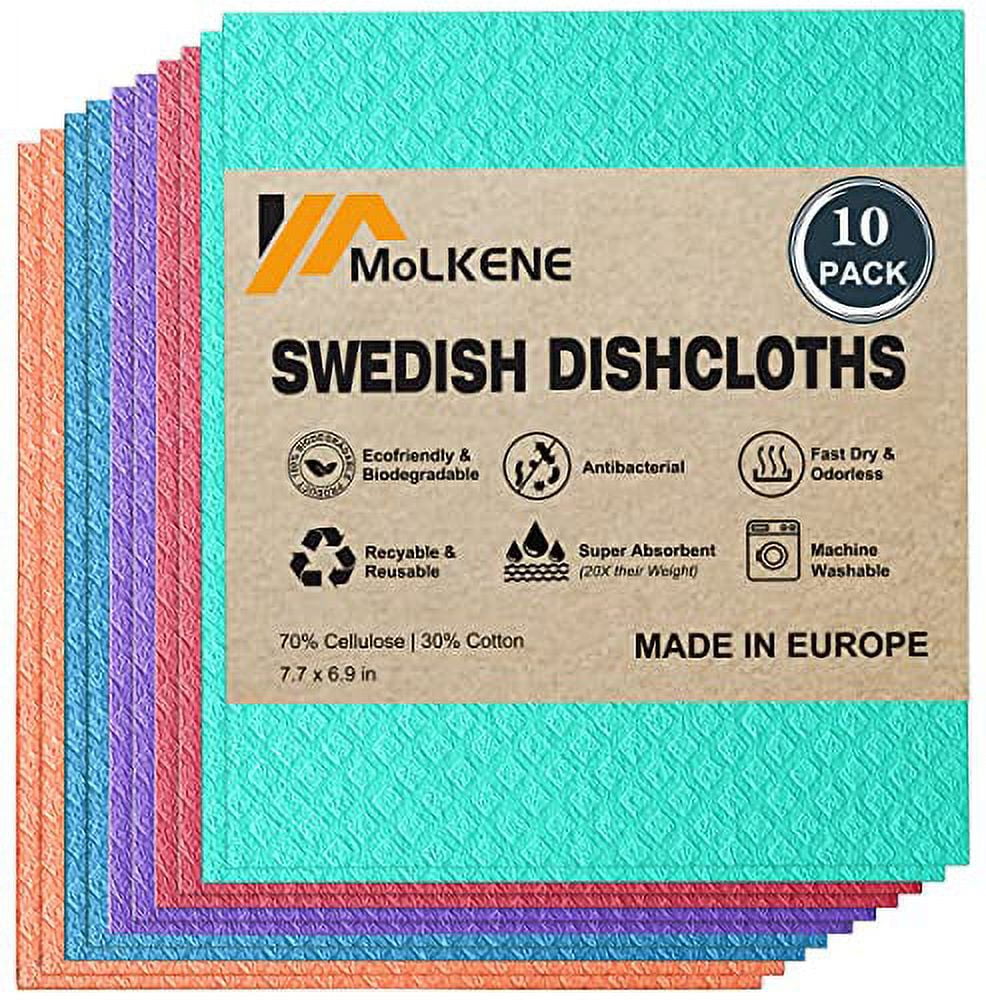 HOMERHYME Swedish Dish Cloths - Pack of 10, Cellulose Swedish Sponge  Dishcloths, Absorbent Swedish Dishtowels for Kitchen, Non-Scratch, Reusable