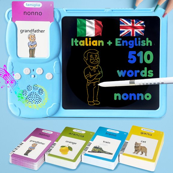 MoLingvora Writing Tablet with Italian Talking Flash Cards Bilingual, Learning Gifts for Kids, Blue
