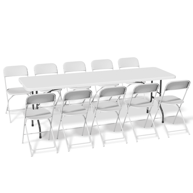 MoNiBloom 11Piece Indoor Folding Dining Table with 10 White Chairs Set, 8 Ft White Foldable