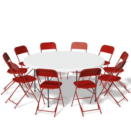 MoNiBloom 11 Pieces 4.5 Ft White Indoor Foldable Plastic Table w/Handle and 10 Red Chair Set, Portable Outdoor Picnic Desk