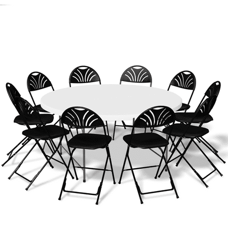 MoNiBloom 11 Pieces 4.5 Ft White Round Indoor Foldable Plastic Table w/Handle and Chair Set, Portable Outdoor Picnic Desk