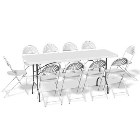 MoNiBloom 11 Pieces 6 Ft White Fold-in-Half Card Table and 10 Chairs Set, for Kitchen Party Conference Wedding Event