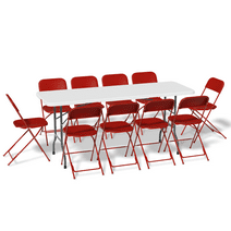 MoNiBloom 11 Pieces 6 Ft White Plastic Folding Table Set with 10 Red Folding Chairs for Picnic, at Home and Commercial Use
