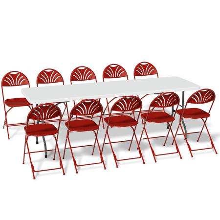 MoNiBloom 11 Pieces 8 Ft White Heavy Duty Utility Table and 10 Red Chair Set Folding Round Table w/Handle Outdoor Picnic Desk