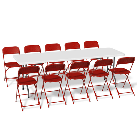 MoNiBloom 11 Pieces 8 Ft White Indoor Utility Table and 10 Red Chair Set Folding Round Table w/Handle Outdoor Picnic Desk