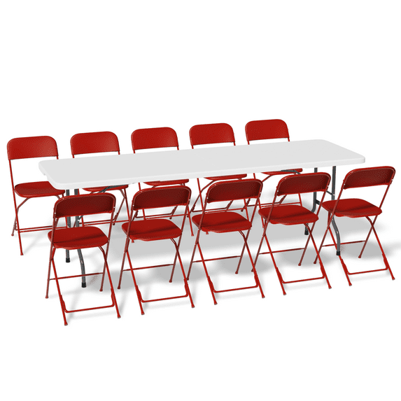 MoNiBloom 11 Pieces 8 Ft White Indoor Utility Table and 10 Red Chair Set Folding Round Table w/Handle Outdoor Picnic Desk