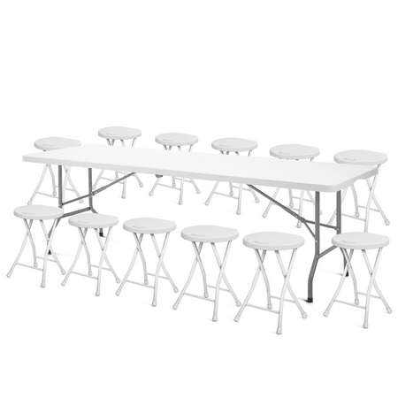 MoNiBloom 13 Pieces 8 FT Folding Table and Chair Set, Fold-in-Half Picnic Desk with Steel Legs and Foldable Stools for Camping