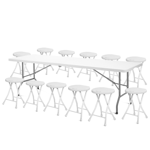 MoNiBloom 13 Pieces 8 FT Folding Table and Chair Set, Fold-in-Half Picnic Desk with Steel Legs and Foldable Stools for Camping