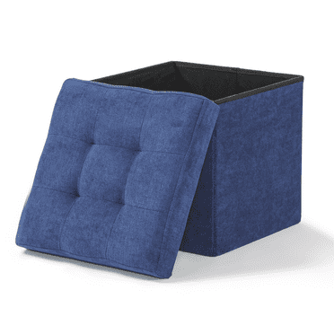 MoNiBloom 15" Cube Collapsible Ottoman with Storage, Cotton-linen Storage Ottoman Foot Stool, for Living Room Bedroom Entryway, Navy Blue