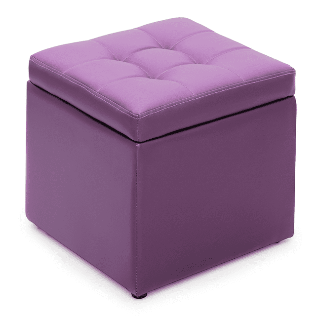MoNiBloom 16" Square Button Tufted Storage Ottoman, PU Leather Entryway Shoe Bench, Livingroom Lift Top Pouffe Storage Cube Footstool, Purple
