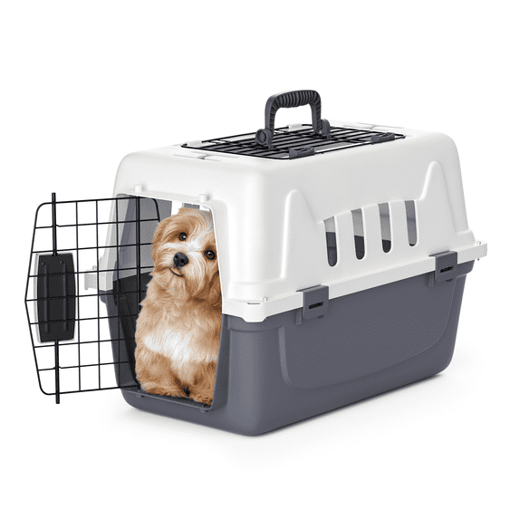 MoNiBloom 18" Pet Travel Carrier, Portable Dog Travel Kennel Handbag Cage Transport Box with Handle and 2 Doors, Airline Approved, White/Grey