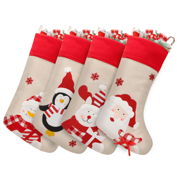 MoNiBloom 19" - Festive Family Christmas Stockings, Set of 4, Classic Red with Penguins, Santa, Snowmen