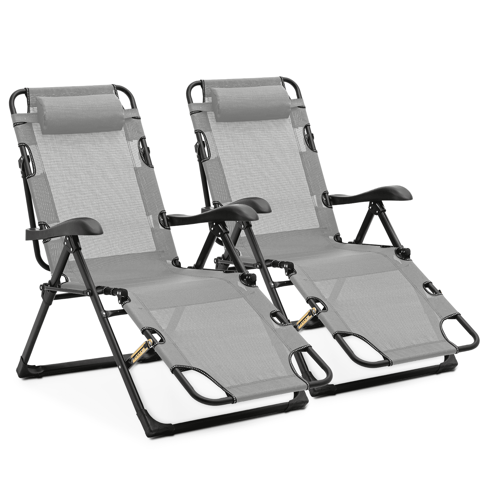 Gray Steel Outdoor Folding Chaise Lounge Chairs with Cushions, Set of 2