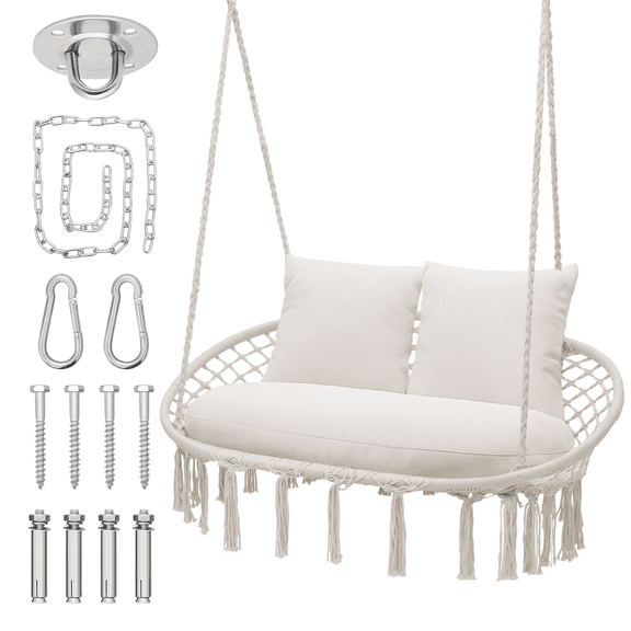 MoNiBloom 2-Person Hammock Chair, Hanging Hammock Macrame Swing with Cushion, Cotton Rope, Tassels, Bohemian Style Hanging Chair for Bedroom Indoor Outdoor, Beige