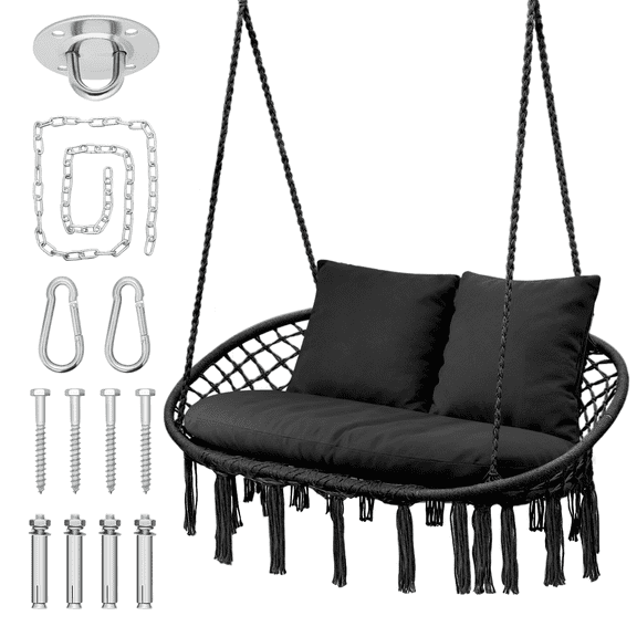 MoNiBloom 2-Person Hammock Chair, Hanging Hammock Macrame Swing with Cushion, Cotton Rope, Tassels, Bohemian Style Hanging Chair for Bedroom Indoor Outdoor, Black