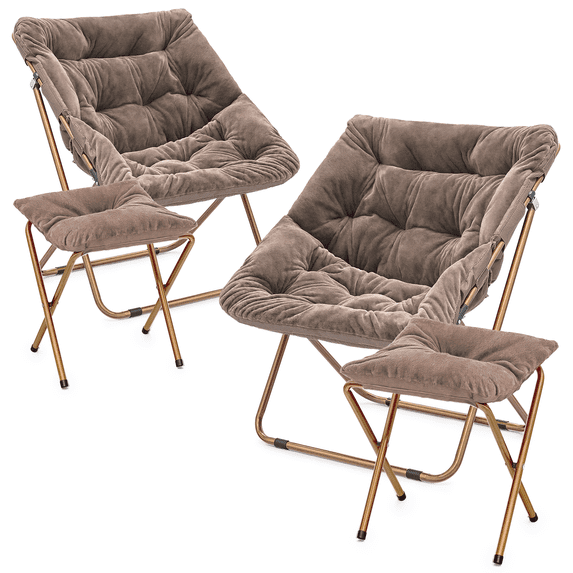 Monibloom Oversized Square Folding Fluffy Faux Fur Saucer Chair with Ottoman, for Adults, Living Room, Bedroom, Dorm, Apartment, Set of 2 (Beige)
