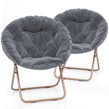 MoNiBloom 2 Pieces 33" Round Foldable Saucer Chair, Soft Faux Fur Oversized Folding Accent Chair Lounge Moon Chair with Metal Frame for Bedroom, Gray