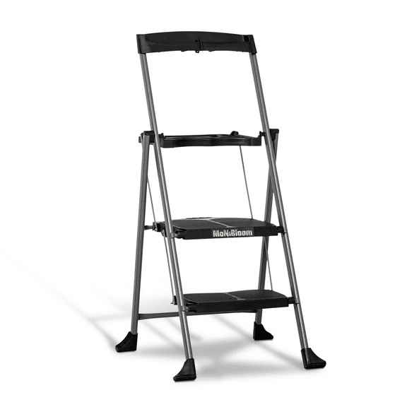 MoNiBloom 2 Step Ladder with Tool Tray, 331 lbs Weight Capacity, Steel Folding Stool With Non-Slip Wide Pedal, Black