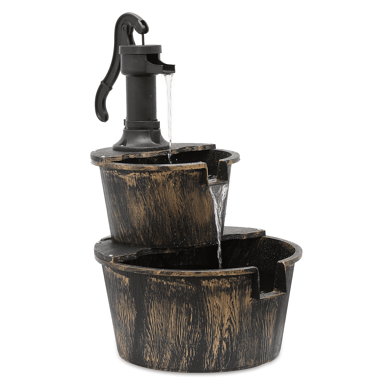 MoNiBloom 2-Tier Barrel and Pump Fountain Outdoor, 27" Tall Cascading Waterfall Fountain with Electric Recirculating Pump for Garden Patio Backyard Decor, Bronze