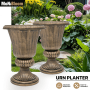 MoNiBloom 20" Urn Planters for Outdoor Plants, Large Decorative Front Porch Planters Set of 2, Weatherproof Tall Plastic Flower Pots for Garden, Patio & Entryway Décor, Antique Brass