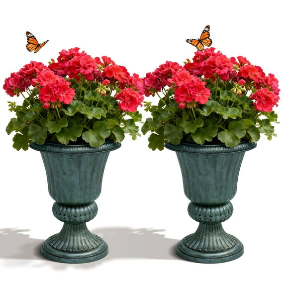 MoNiBloom 20" Plastic Urn Planter Vase for Outdoor Indoor Plants Garden Patio Vintage Decorative Pedestal Roman Flower Pot Decoration Retro Home Front Porch Door Decor (Dark Green)