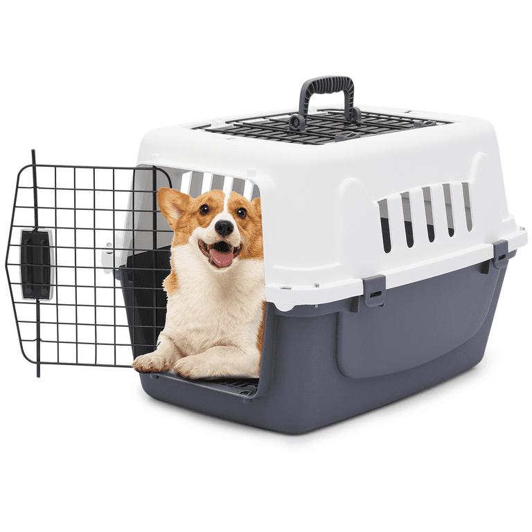 MoNiBloom 23 Pet Cage Portable Travel Carrier Transport Box, Hard Sided  Dog Cat Kennel with Handle and 2 Doors, Airline Approved, White/Grey