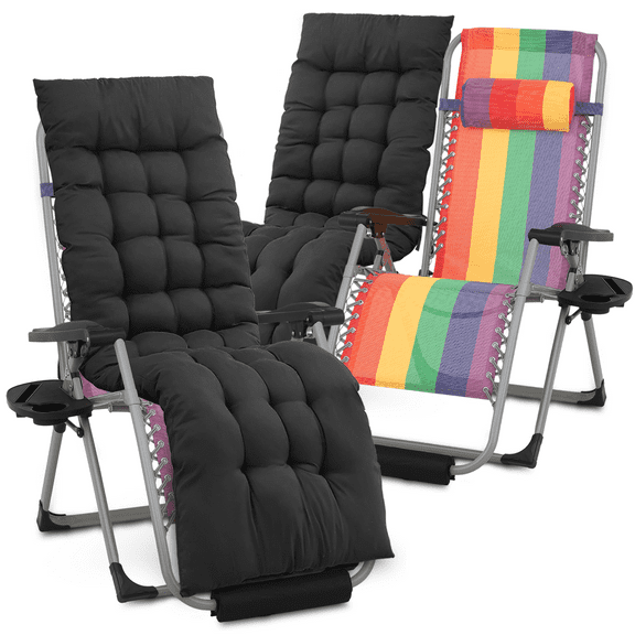 MoNiBloom Reinforced Zero Gravity Chair Set of 2, Folding Pool Beach Lounger, Chaise with Cushion, Headrest and Foot Pads, Rainbow w/Black Pad