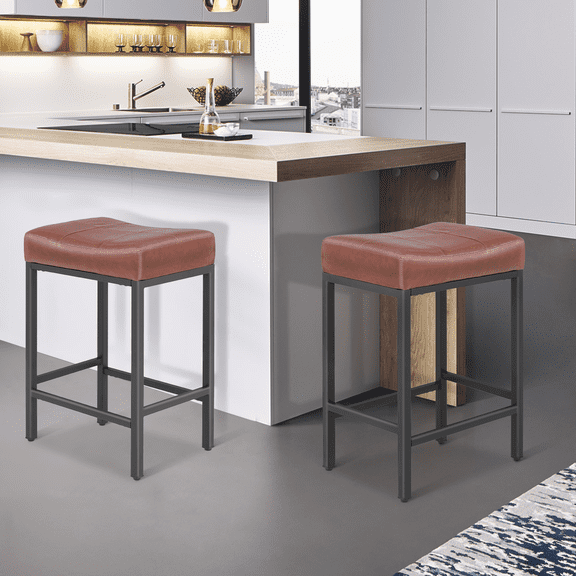 MoNiBloom 26.5" Backless Counter Bar Stool Set of 2, PU Leather Upholstered Saddle Seat Barstools for Kitchen Island, Metal Frame, Gray