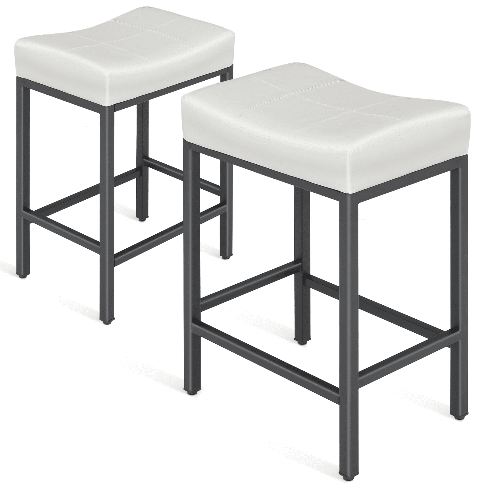 White Faux Leather Saddle Bar Stools with Metal Frame, Set of 2