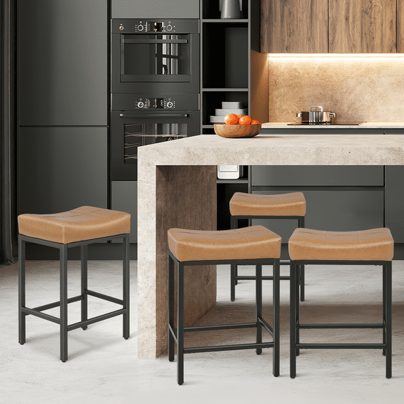 MoNiBloom 26.5" Backless Counter Bar Stool Set of 4, PU Leather Upholstered Saddle Seat Barstools for Kitchen Island, Metal Frame, Camel