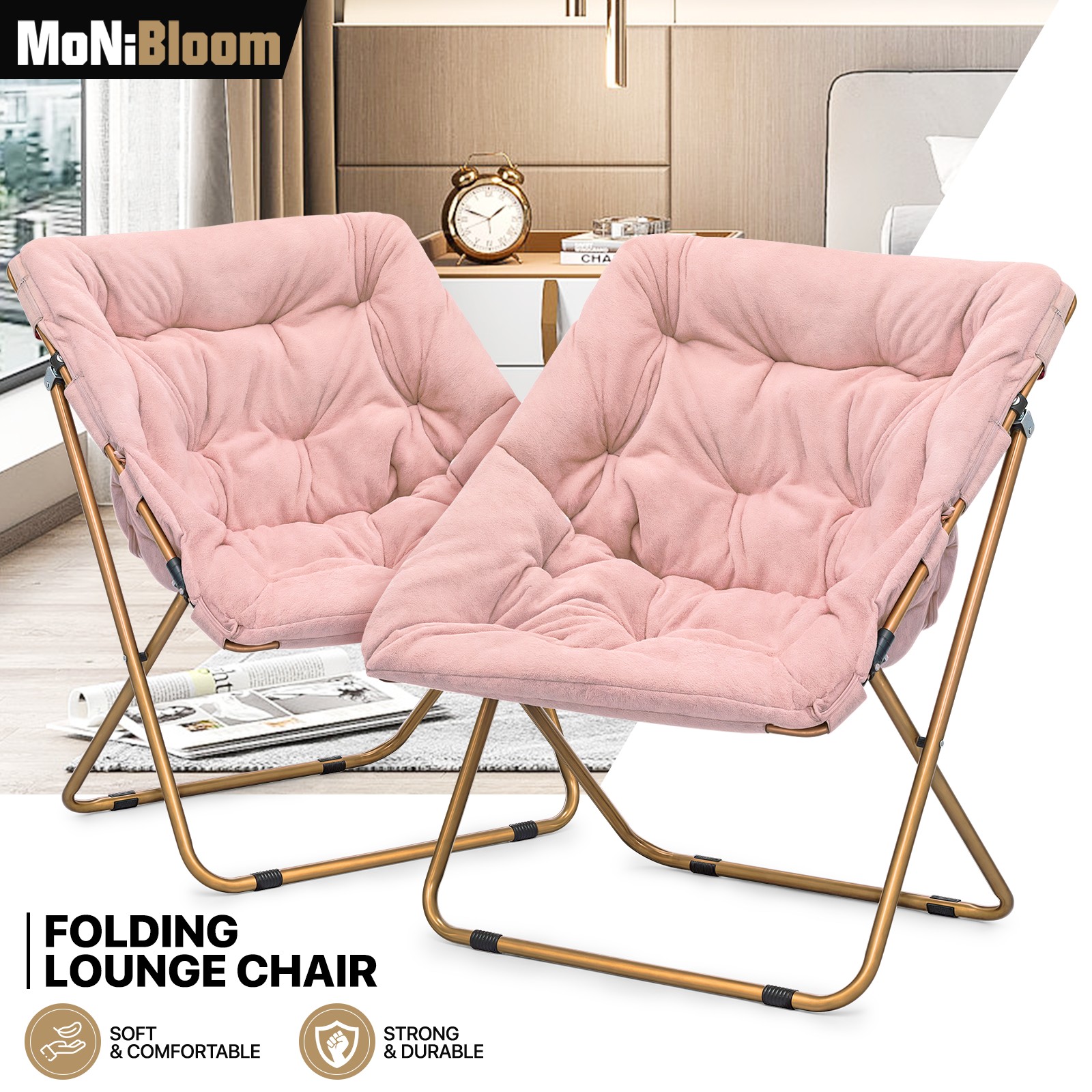 MoNiBloom Folding Saucer Chair Set of 2, Oversized Faux Fur Lounge Reading Seat with Thick Padded Metal Frame, for Bedroom Living Room, Pink
