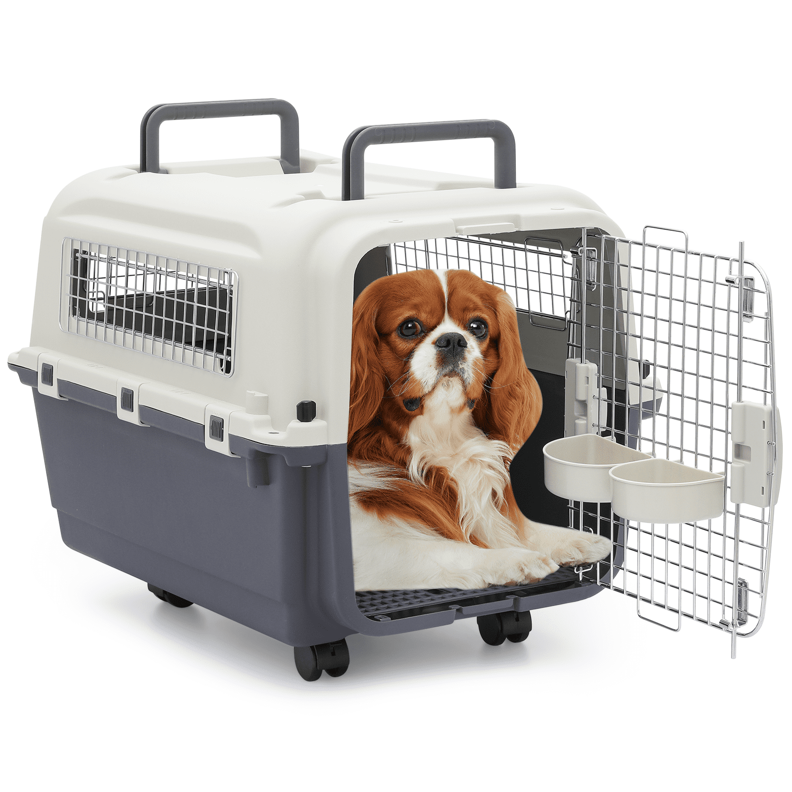 MoNiBloom 27 Pet Carrier Breathable Cage Tote Transport Box Dog Travel  Kennel with Bowls & Wheels for Cats Kitten, Airline Approved, White/Grey 